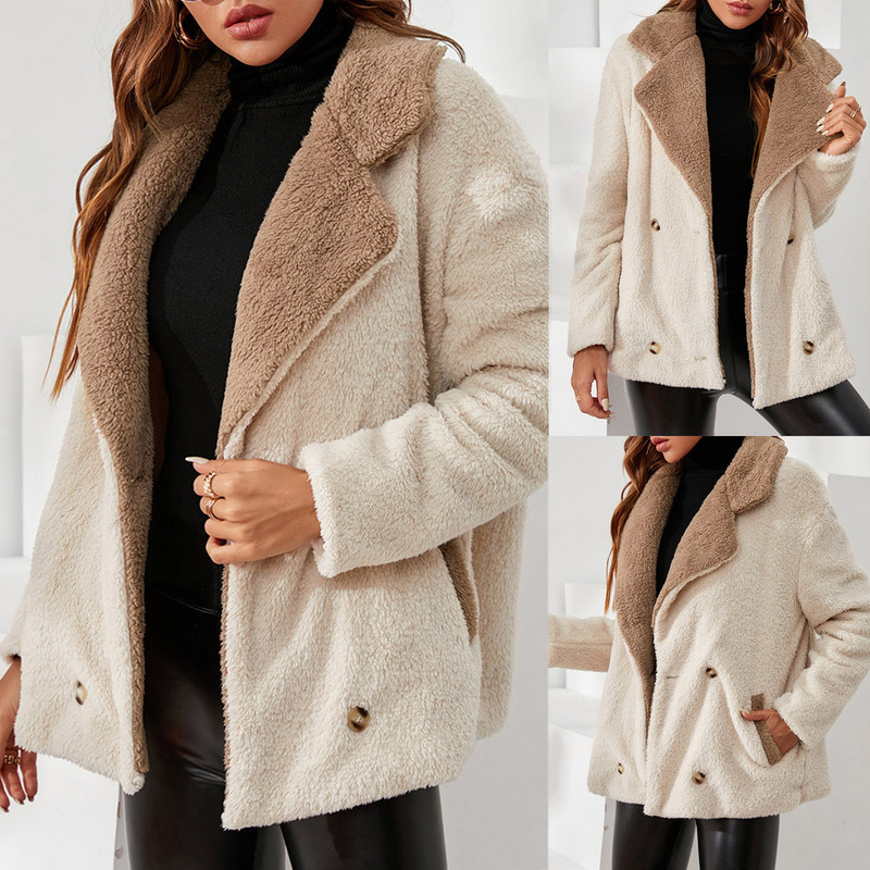 Jachetă din lână de miel, toamnă iarnă, pentru femei, cu buzunare cu rever, jachetă din lână, cu mânecă lungă, îngroșată, retro american