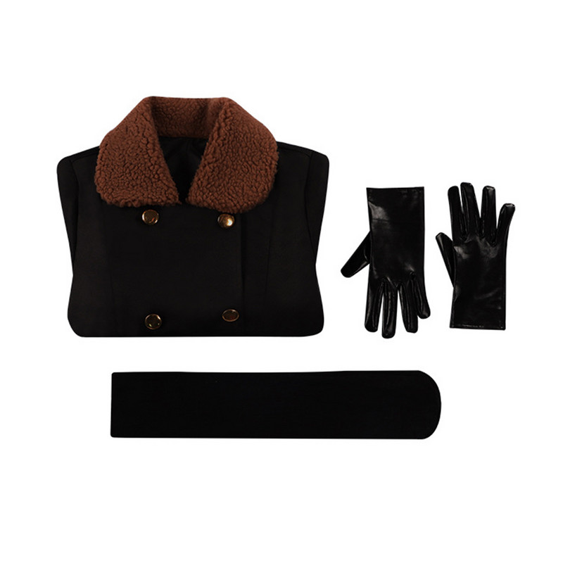 Jachetă neagră pentru femei, mănuși, set de centuri, mozaic, guler răsturnat, subțire, cu două piept, costum cosplay, haină, costum de Halloween