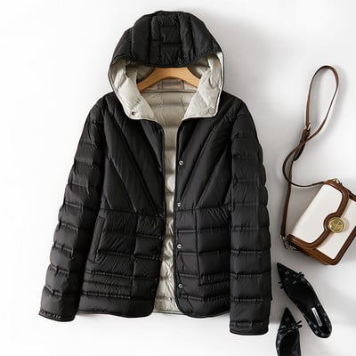 Janveny új őszi téli ultrakönnyű, kétoldalas pufferkabát női alkalmi kapucnis 90%-os pehelykabát, rövid, megfordítható női parka