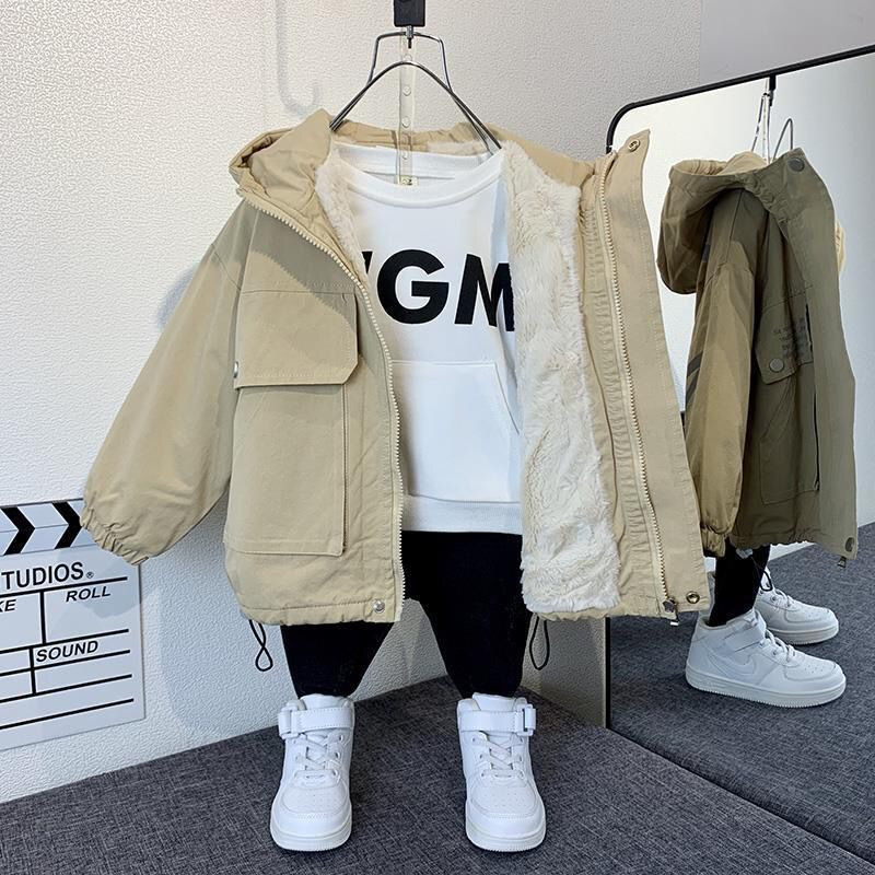 Zēnu vienkrāsains, biezs mētelis, 2023. gada jauns, izskatīgs bērnu rudens apģērbs, modes mazulis ziemas silta kokvilnas jaka