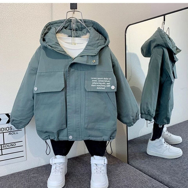 Zēnu vienkrāsains, biezs mētelis, 2023. gada jauns, izskatīgs bērnu rudens apģērbs, modes mazulis ziemas silta kokvilnas jaka