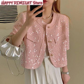 Vasaras žakete ar īsām piedurknēm Augstas kvalitātes korejiešu tvīds Paillette sieviešu korejiešu modes flitera īss virsdrēbju augšdaļa