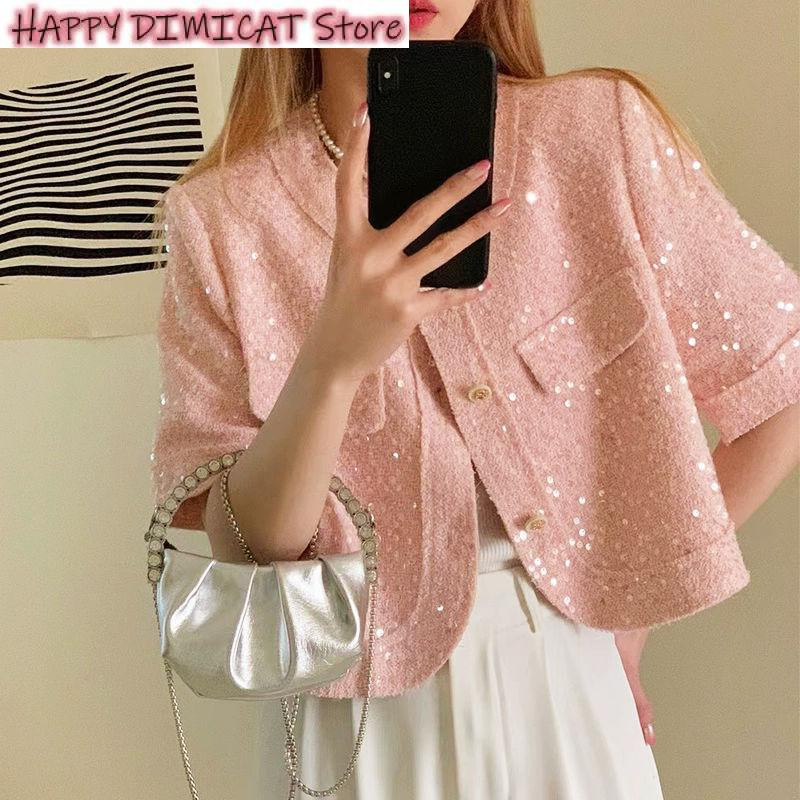 Vasaras žakete ar īsām piedurknēm Augstas kvalitātes korejiešu tvīds Paillette sieviešu korejiešu modes flitera īss virsdrēbju augšdaļa