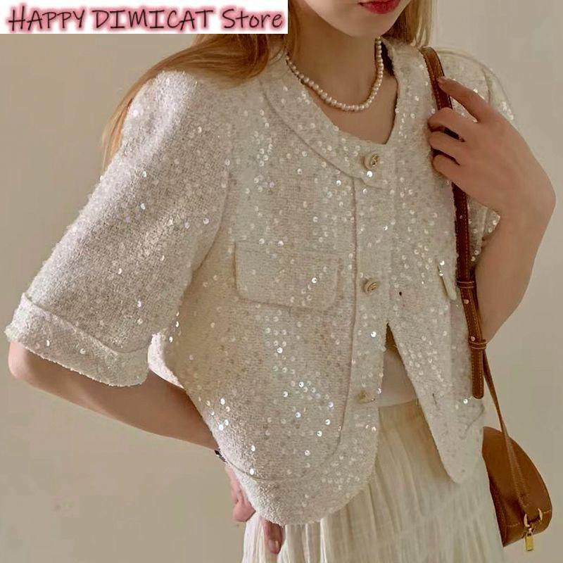 Vasaras žakete ar īsām piedurknēm Augstas kvalitātes korejiešu tvīds Paillette sieviešu korejiešu modes flitera īss virsdrēbju augšdaļa