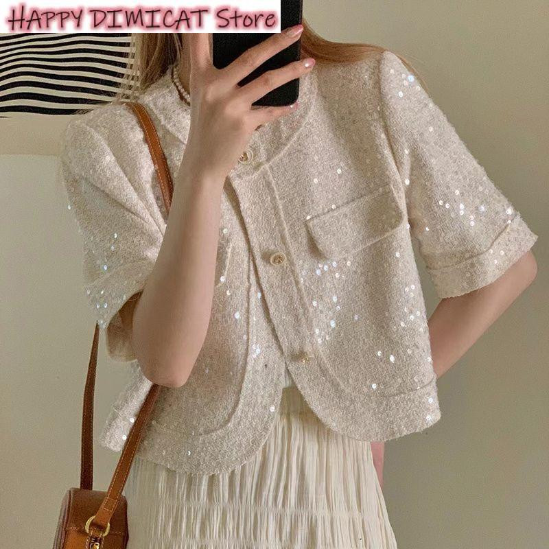 Vasaras žakete ar īsām piedurknēm Augstas kvalitātes korejiešu tvīds Paillette sieviešu korejiešu modes flitera īss virsdrēbju augšdaļa
