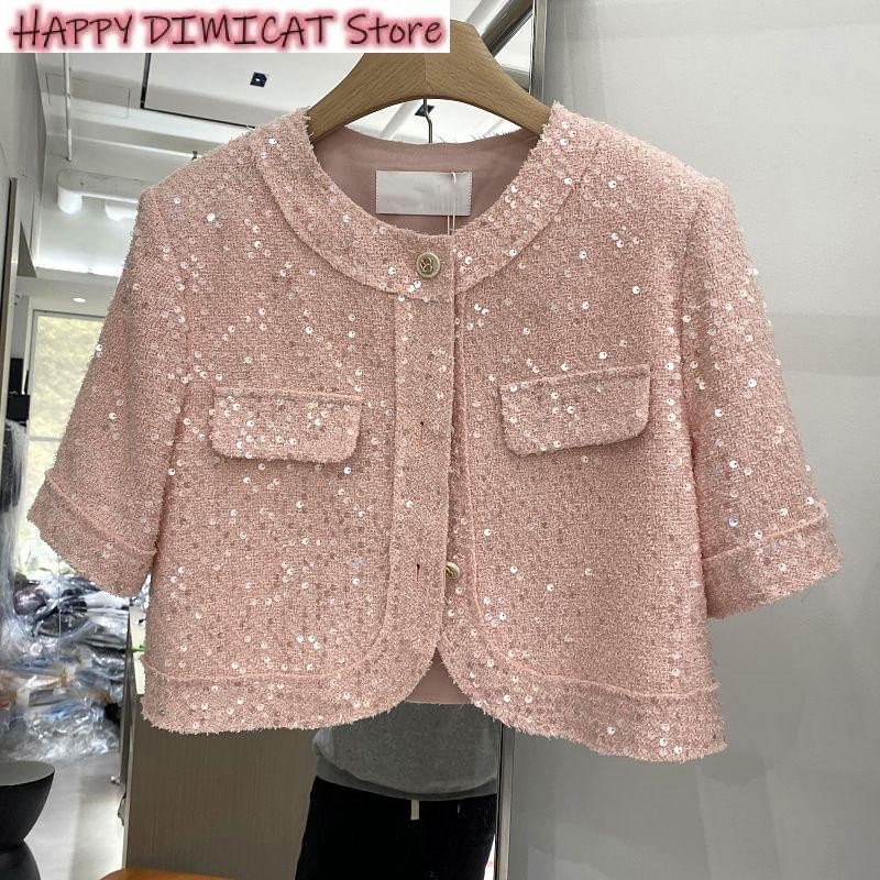 Vasaras žakete ar īsām piedurknēm Augstas kvalitātes korejiešu tvīds Paillette sieviešu korejiešu modes flitera īss virsdrēbju augšdaļa