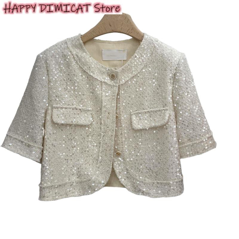 Vasaras žakete ar īsām piedurknēm Augstas kvalitātes korejiešu tvīds Paillette sieviešu korejiešu modes flitera īss virsdrēbju augšdaļa