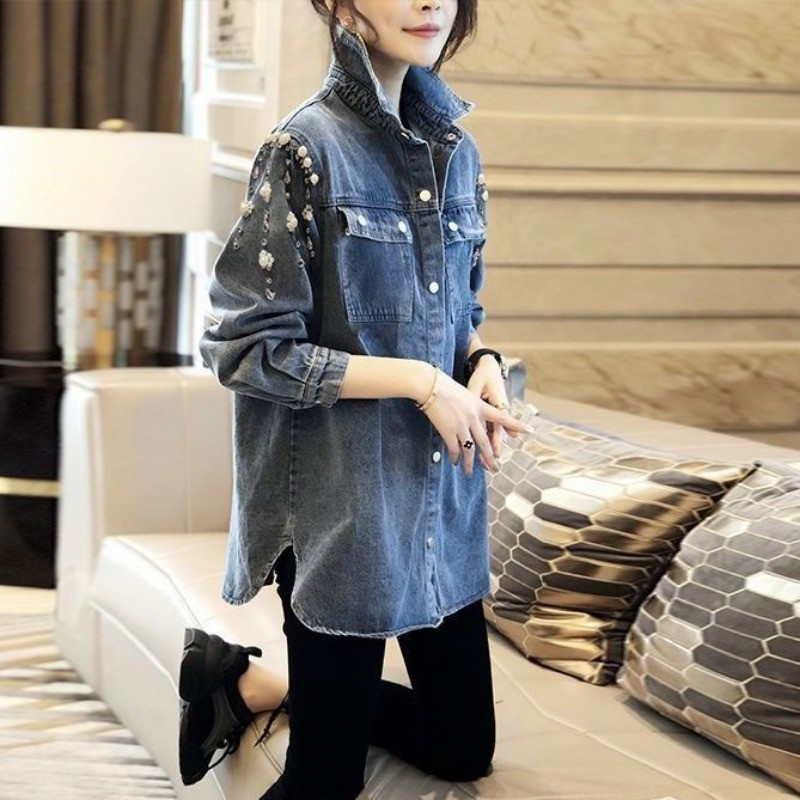 Denim 2023 Cămașă Nouă Moda Primăvară Toamnă Buzunare Îmbrăcăminte pentru femeie îmbrăcăminte la un singur piept Femeie Jachetă cu mâneci lungi Palton lejer
