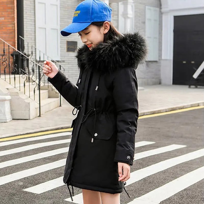 Jachetă de iarnă pentru fete adolescente 5-14 ani, plus haină caldă de catifea pentru copii, pentru fete, guler de blană, parka cu glugă, îmbrăcăminte exterioară pentru copii