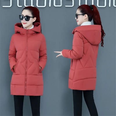 Téli meleg felöltő Vastag Sobretudo Oversized 4XL felsőruházat felső piros alkalmi Parka Középhosszú pamut párnázott kapucnis bő női kabát