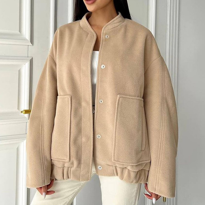 Femei Solid Guler Stand buzunare mari Paltoane Toamnă Primăvară Jachetă cu mânecă lungă Cardigan Moda Doamnelor Casual Mantoane calde cu nasturi