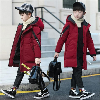 4-15 годишни зимни детски якета Палта за момчета тийнейджъри Модно удебелено топло палто с дълга качулка Детски дрехи Палта за момчета Горнища