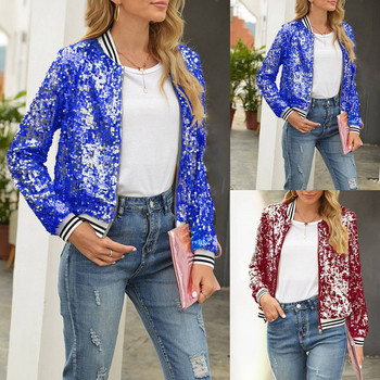 Vintage Cropped Sequins Bomber Jacket Γυναικείο μακρυμάνικο φερμουάρ Λεπτά βασικά τζάκετ Φθινοπωρινά χειμωνιάτικα παλτό μπέιζμπολ ζακέτα