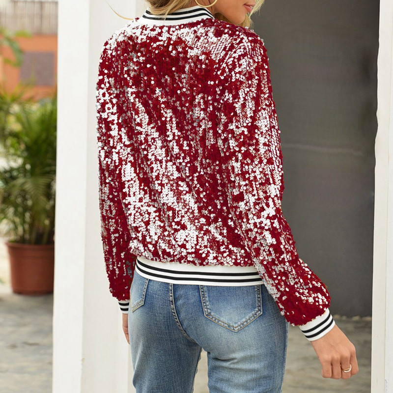 Jachetă bomber cu paiete decupate vintage, cu mânecă lungă, fermoare, jachete de bază subțiri, cardigan, toamnă iarnă, paltoane de baseball