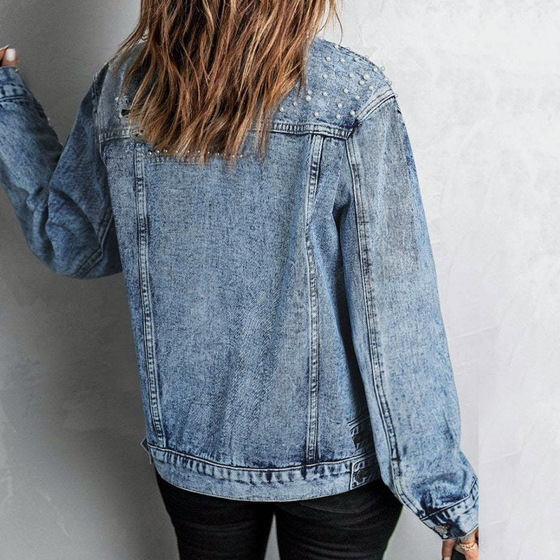 Jachete de blugi cu perle de damă, noua toamnă, cu mărgele, ocazional, brodat, pentru femei, îmbrăcăminte exterioară, haină scurtă, cu rever, Casaco