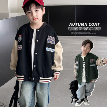Детско есенно корейско издание на 2023 г., красиво палто с цветни блокове, връхни дрехи за момчета, бейзболно яке с азбука 3-90