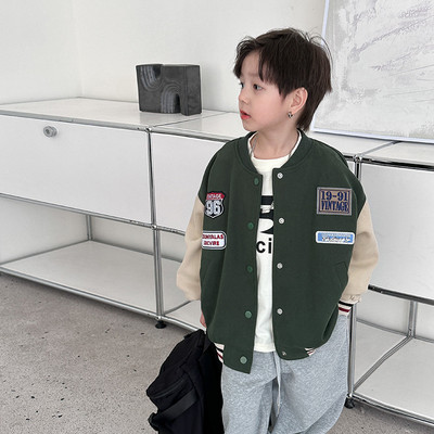 Jachetă pentru copii, ediția coreeană de toamnă 2023, arătos, haină color block, jachetă de baseball cu alfabet pentru băieți, îmbrăcăminte exterioară 3-90