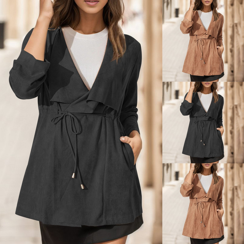 Jachete din piele pentru femei, haine de blană artificială cu dantelă, de toamnă, cu mânecă lungă, cu rever, jachetă de căprioară, pardesiu pentru femei