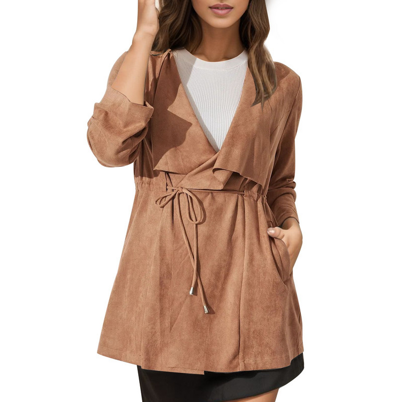 Jachete din piele pentru femei, haine de blană artificială cu dantelă, de toamnă, cu mânecă lungă, cu rever, jachetă de căprioară, pardesiu pentru femei