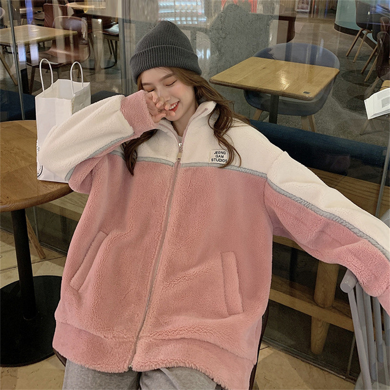 Rozā korejiešu ziemas plīša mēteļi un jakas Siltas biezas pūkainas flīsa jakas Mākslīgās kažokādas rotaļu mētelis Ārdrēbes ziemas apģērbi čaketas