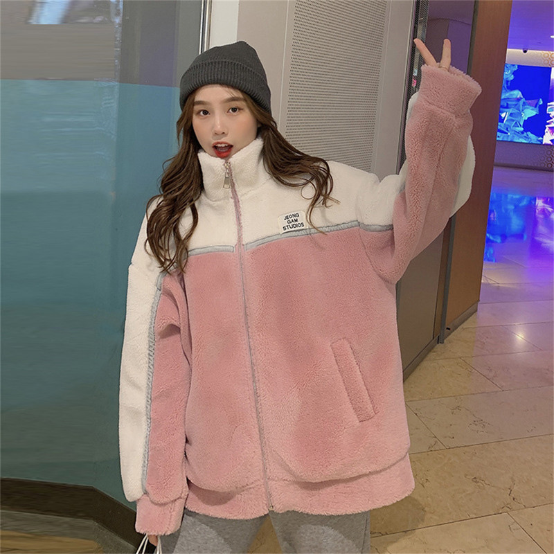 Rozā korejiešu ziemas plīša mēteļi un jakas Siltas biezas pūkainas flīsa jakas Mākslīgās kažokādas rotaļu mētelis Ārdrēbes ziemas apģērbi čaketas