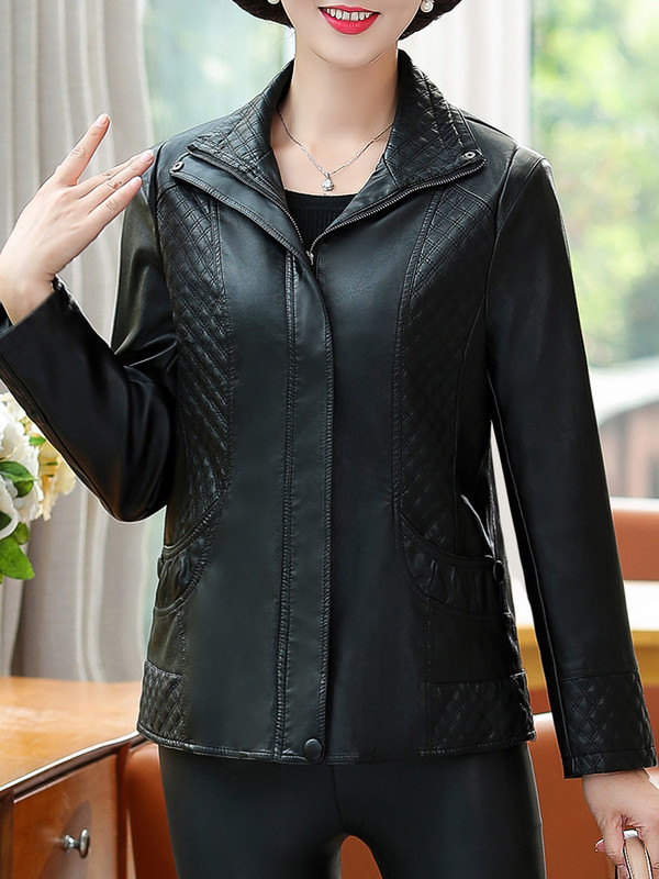 XL-6XL Sieviešu ādas jaka Jauna ikdienas nolaižama apkakle Argyle mētelis sieviešu rāvējslēdzējs Augstas kvalitātes PU ādas jakas
