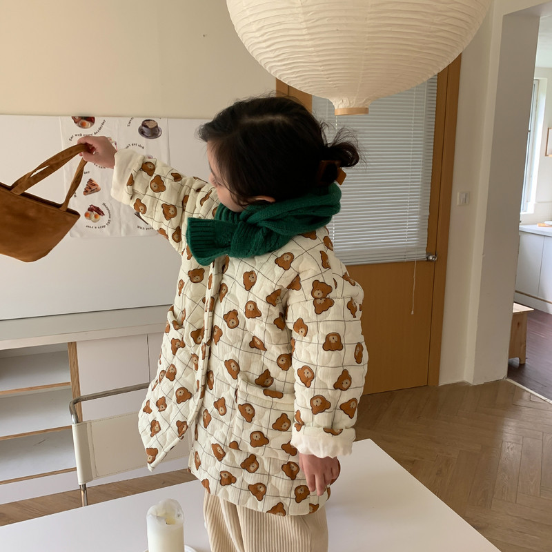 8041 Bērnu mētelis 2023 Ziemas jauns mētelis meitenei ar kokvilnas polsterējumu karikatūra Bear sabiezināts garš mētelis silta jaka.