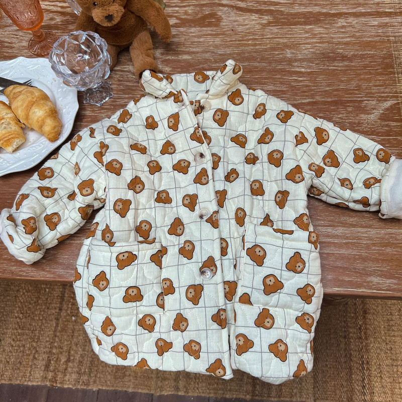 8041 Bērnu mētelis 2023 Ziemas jauns mētelis meitenei ar kokvilnas polsterējumu karikatūra Bear sabiezināts garš mētelis silta jaka.