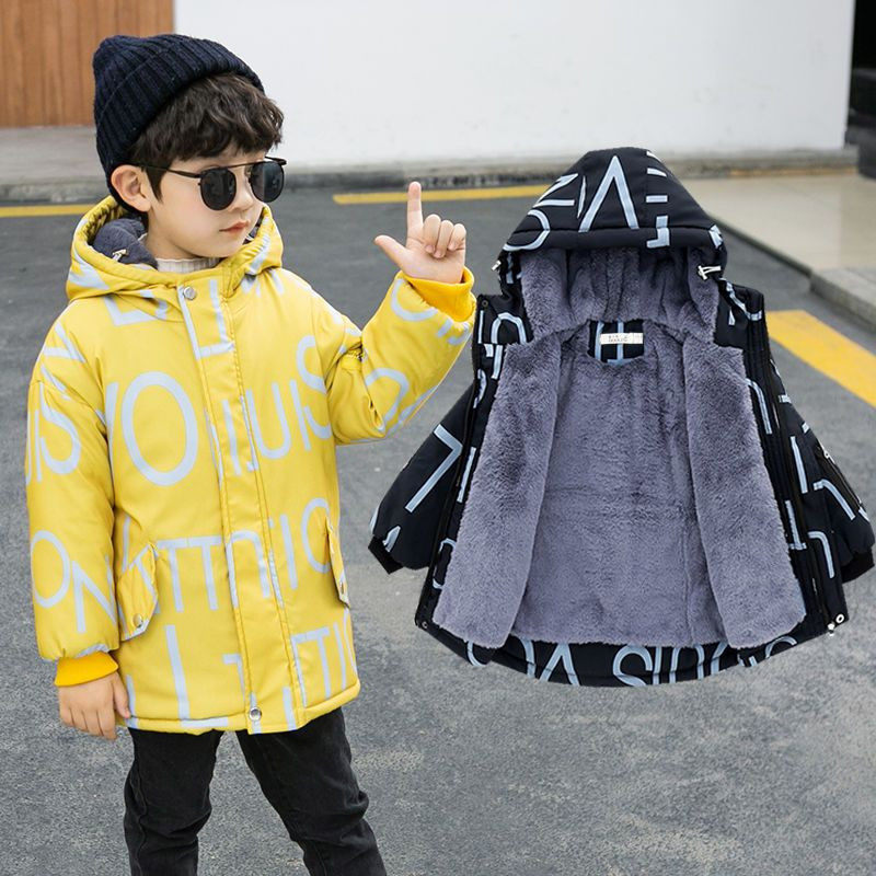 Iarna 2023 Nouă Jachetă Adolescent Băieți Mărime Mare Lungime mijlocie Plus Catifea Gros Culoare Solidă Puf Bumbac Cu Glugă 3-14A