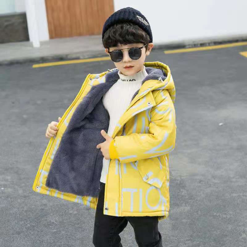 Iarna 2023 Nouă Jachetă Adolescent Băieți Mărime Mare Lungime mijlocie Plus Catifea Gros Culoare Solidă Puf Bumbac Cu Glugă 3-14A