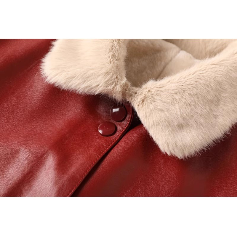 Madingi moteriški dirbtinės odos vyno raudoni stori šilti viršutiniai drabužiai žieminiai kailiniai apykaklės vienaeilis pliušinis PU vėjo paltas