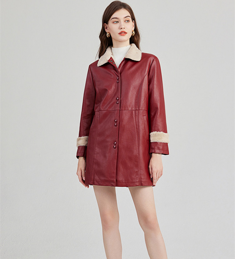 Madingi moteriški dirbtinės odos vyno raudoni stori šilti viršutiniai drabužiai žieminiai kailiniai apykaklės vienaeilis pliušinis PU vėjo paltas