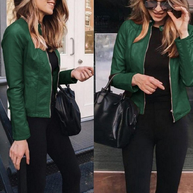 Kevad-sügis naistele Mootorratturite nahkjakid Naiste Stantsikrae Jope Naiste Massiivne Tõmblukuga Nahkmantel Naiste Välisrõivad