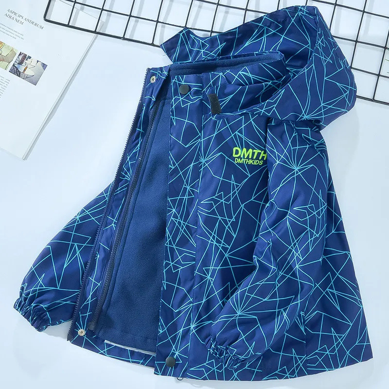 Noi de toamnă pentru copii Jachetă de vânt impermeabilă pentru băieți, detașabilă în aer liber, jachetă de pluș, haine îngroșate de iarnă cu glugă