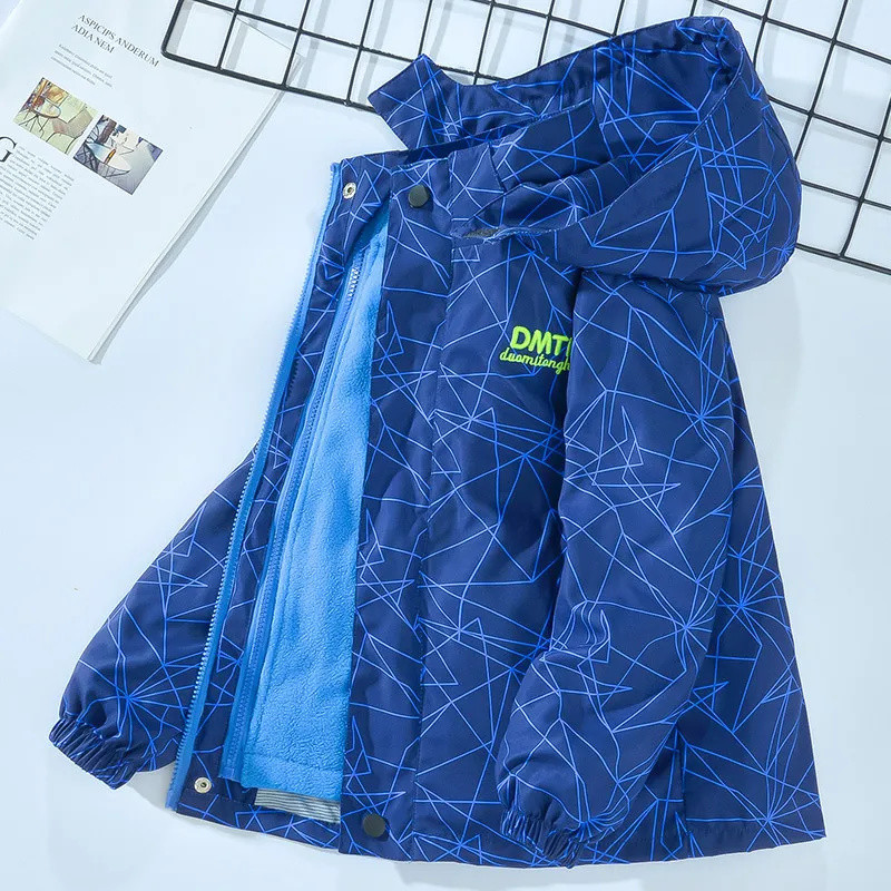 Noi de toamnă pentru copii Jachetă de vânt impermeabilă pentru băieți, detașabilă în aer liber, jachetă de pluș, haine îngroșate de iarnă cu glugă