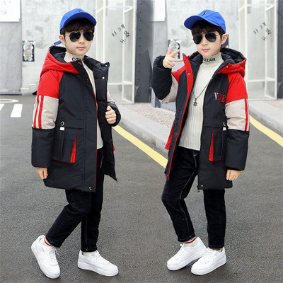 Augstas kvalitātes ziemas zēnu garais mētelis mētelis Sniega tērps biezs ar kapuci Parka silta kokvilnas jaka bērnu apģērbam