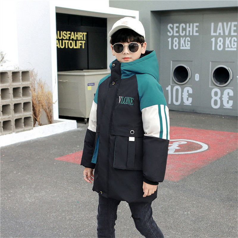 Augstas kvalitātes ziemas zēnu garais mētelis mētelis Sniega tērps biezs ar kapuci Parka silta kokvilnas jaka bērnu apģērbam