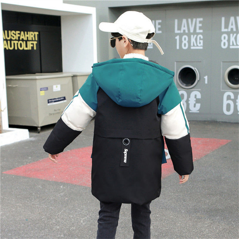 Augstas kvalitātes ziemas zēnu garais mētelis mētelis Sniega tērps biezs ar kapuci Parka silta kokvilnas jaka bērnu apģērbam