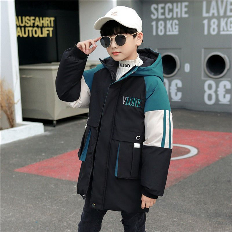 Augstas kvalitātes ziemas zēnu garais mētelis mētelis Sniega tērps biezs ar kapuci Parka silta kokvilnas jaka bērnu apģērbam