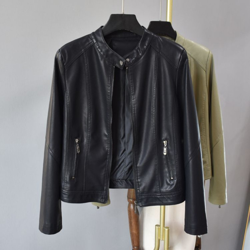 Paprastas odinis paltas Moteriškas O kaklo tvirtas užtrauktukas Odinė striukė pavasario ruduo Nauji kasdieniai zomšiniai odiniai drabužiai Chaquetas Mujer