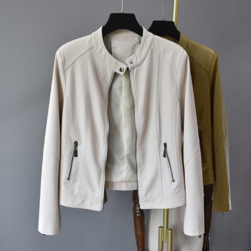 Paprastas odinis paltas Moteriškas O kaklo tvirtas užtrauktukas Odinė striukė pavasario ruduo Nauji kasdieniai zomšiniai odiniai drabužiai Chaquetas Mujer