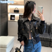 Yuxinfeng frumos haină din piele pentru motocicletă femei coreeană primăvară toamnă subțire rever subțire cu mânecă lungă jachetă scurtă din piele PU
