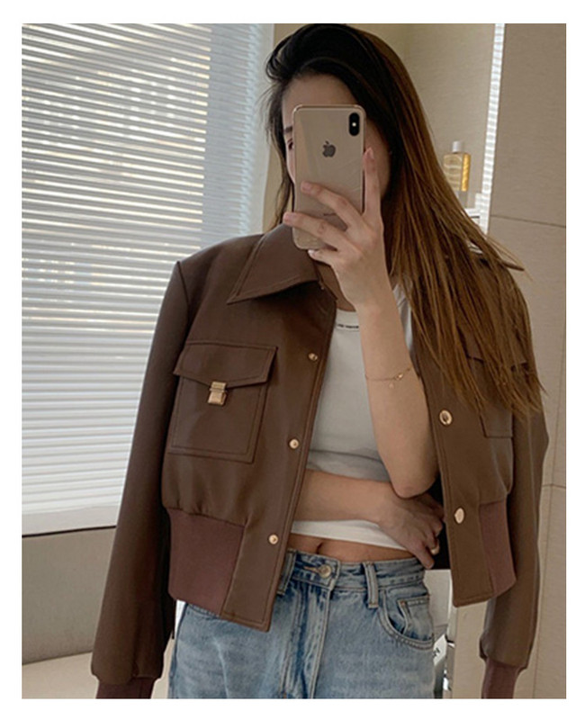 Yuxinfeng frumos haină din piele pentru motocicletă femei coreeană primăvară toamnă subțire rever subțire cu mânecă lungă jachetă scurtă din piele PU