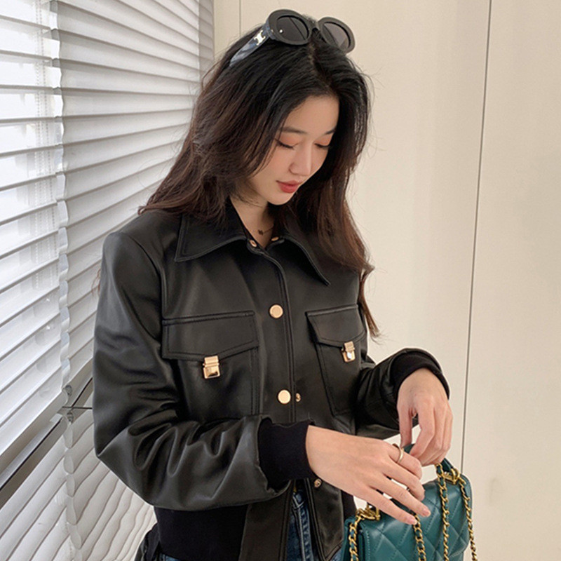 Yuxinfeng frumos haină din piele pentru motocicletă femei coreeană primăvară toamnă subțire rever subțire cu mânecă lungă jachetă scurtă din piele PU