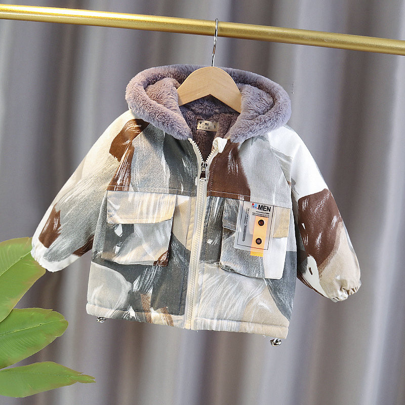 Mode Silts Ziemas Bērnu Kamuflāžas Apģērbs Zēniem Zēniem Plus Samta Bieza Virsjaka Bērnu Mēteļi Novelkams Apkakles Apģērbs