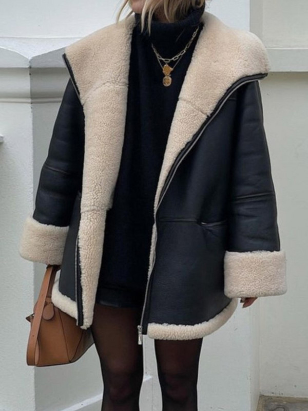 RDMQ 2023 Pu ādas kažoks Sieviešu atloki ar garām piedurknēm rāvējslēdzējs bieza silta jaka 2023 ziemas modes sieviešu High Street ārējais apģērbs