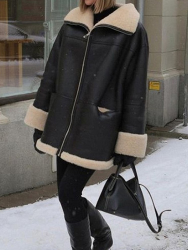 RDMQ 2023 Pu ādas kažoks Sieviešu atloki ar garām piedurknēm rāvējslēdzējs bieza silta jaka 2023 ziemas modes sieviešu High Street ārējais apģērbs