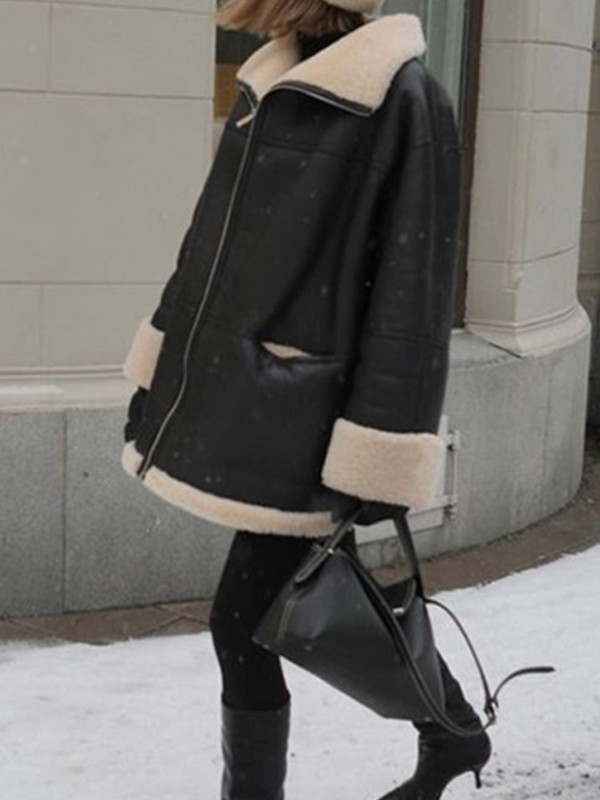 RDMQ 2023 Pu ādas kažoks Sieviešu atloki ar garām piedurknēm rāvējslēdzējs bieza silta jaka 2023 ziemas modes sieviešu High Street ārējais apģērbs