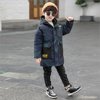 Детско облекло Зимно дълго камуфлажно топло палто с принт Ежедневно плюс кадифено яке с качулка за момчета 4-14 години