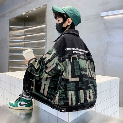 2023. gada pusaudžu modes jauns rudens pavasara komplekts zēniem, džinsa jakas mēteļi, 1 gab. komplekts, bērnu uzvalks, bērnu uzvalks, vēstule, pilna druka 5–14 g.